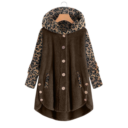 Abrigo Largo con Capucha y Empalme de Leopardo en Felpa para Mujer - Image 10