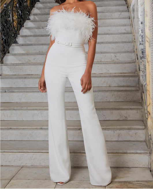 Jumpsuit Largo Elegante con Plumas y Moño Reductor - Image 6