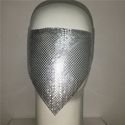 Gold rhinestone mask made of metal mesh, covering the face from the eyes to below the chin, displayed on a white mannequin head. - Image 13