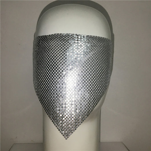 Gold rhinestone mask made of metal mesh, covering the face from the eyes to below the chin, displayed on a white mannequin head. - Image 13