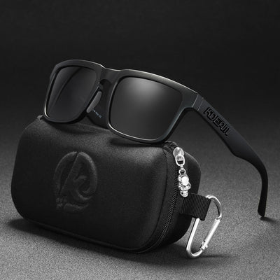 Men's and women's dazzling blue and black striped polarized sunglasses with gray lenses and a black case. - Image 67