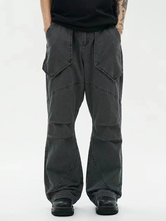 Pantalones Sueltos Efecto Lavado Negro con Bolsillos Grandes y Bota Acampanada - Image 3