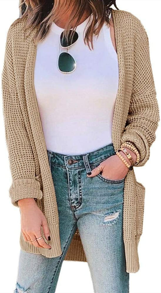 Cardigan Tejido Waffle con Bolsillos y Cuadros en Colores Lisos - Image 6