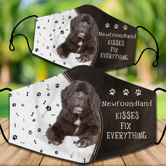 Two cotton face masks with a Bichon Frise dog, paw prints, and bones on a white and brown background. Text reads "Bichon Frise KISSES FIX EVERYTHING." - Image 51