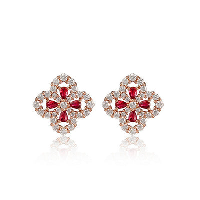 Aretes de Plata S925 Flor de Cuatro Pétalos con Piedra Roja Cultivada para Mujer - Image 6