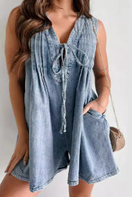 Mono Corto Denim Sin Mangas Cuello en V con Bolsillos - Estilo Playero Verano - Image 7