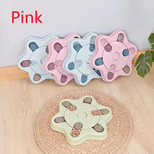 Paw-shaped dog puzzle feeder toy in light yellow with colorful sliding covers, filled with kibble. - Image 13