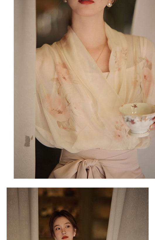 Conjunto de Dos Piezas: Blusa Floral de Gasa con Falda Elegante - Image 20
