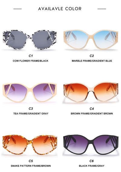 Light peach cat-eye sunglasses with purple gradient lenses and geometric cutouts on the frame. - Image 10
