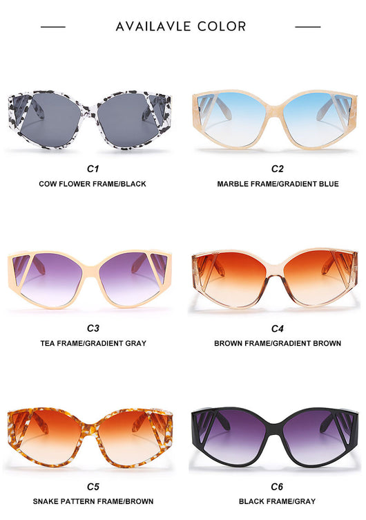 Light peach cat-eye sunglasses with purple gradient lenses and geometric cutouts on the frame. - Image 10