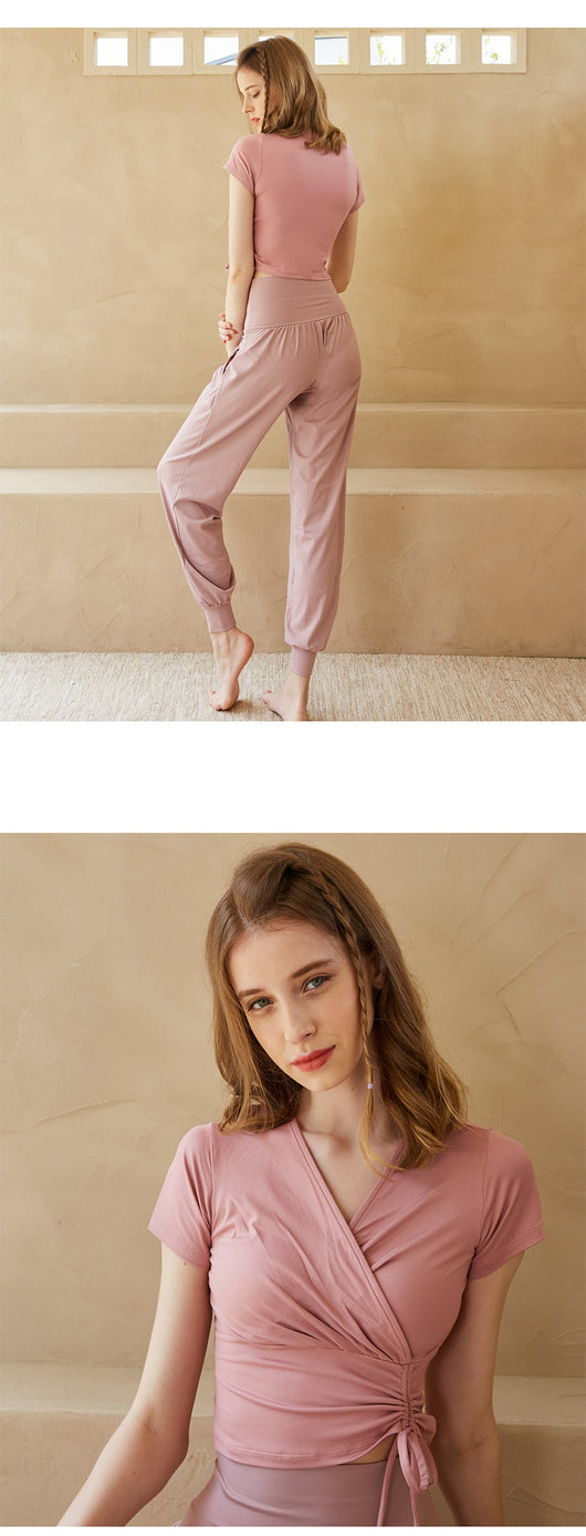 Conjunto Deportivo Yoga Verano con Escote V y Cintura Cruzada Reductora - Image 11
