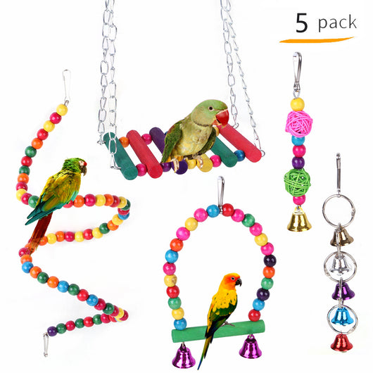 10-pack of colorful wooden and plastic bird toys, including swings, perches, and hanging bell toys for pet birds. - Image 17