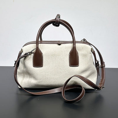 Bolso Casual de Cuero Bowling con Contraste de Lino Premium - Image 7