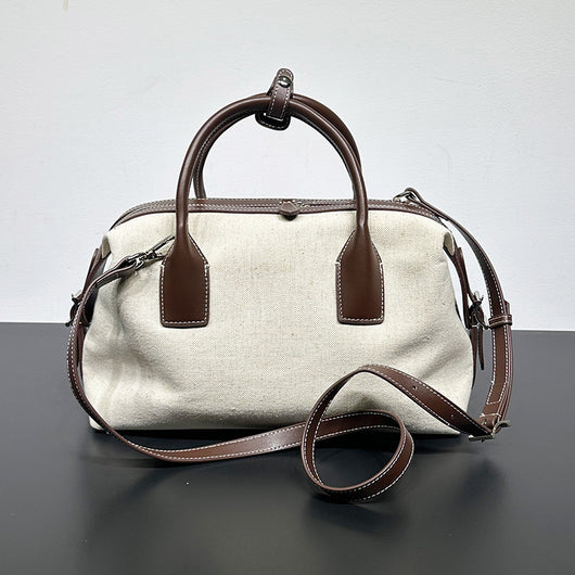 Bolso Casual de Cuero Bowling con Contraste de Lino Premium - Image 7