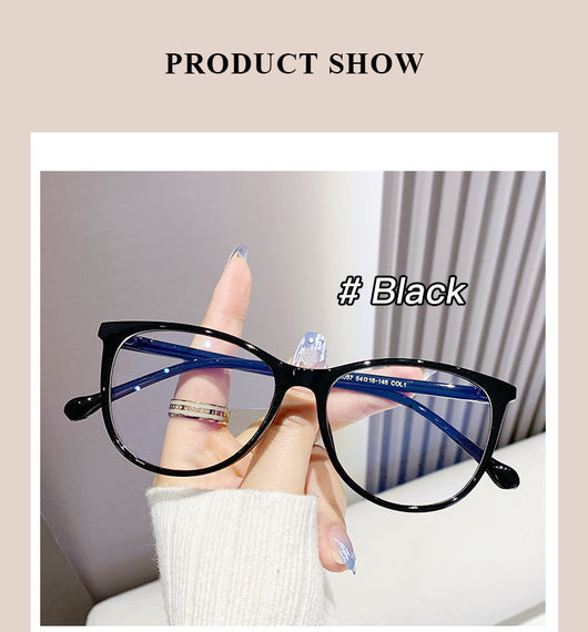 Black full-frame round anti-blue light glasses held by a hand with a gold ring and light blue gradient nails. - Image 20