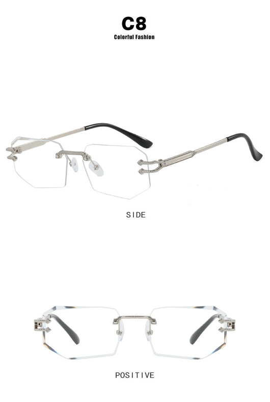 Rimless octagonal clear lens glasses with silver-toned metal temples and black ear tips, featuring decorative accents. - Image 18
