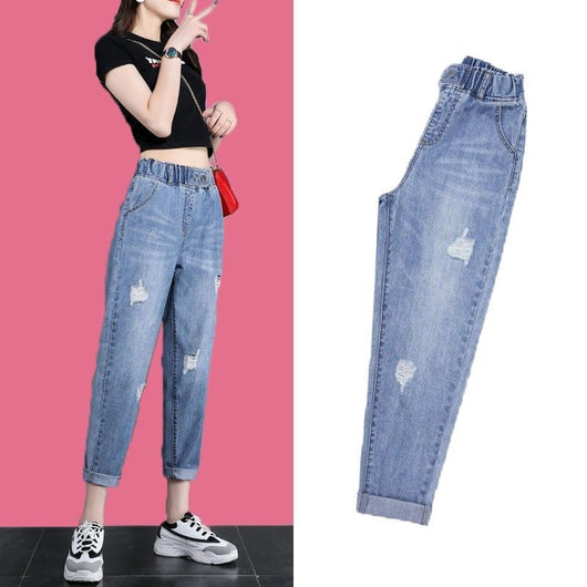 Pantalones Harem Rabanero de Cintura Alta con Rotos y Elástico Fino - Image 10