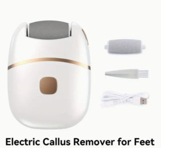 White and gold electric foot callus remover with a roller head, a replacement roller, cleaning brush, and USB cable. - Image 7