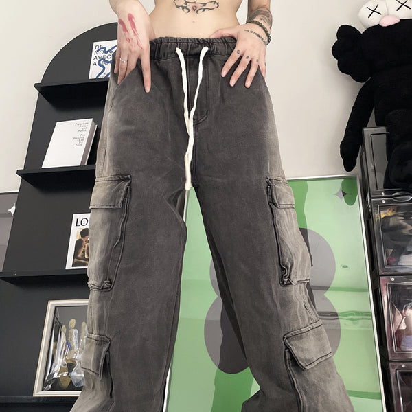 Jeans Vintage con Múltiples Bolsillos y Cintura Elástica