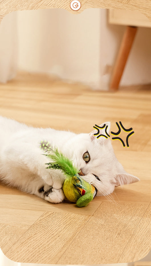 Colorful bird cat toy with green fluffy wings, black head, yellow face, orange beak, and spotted tail feathers. - Image 24