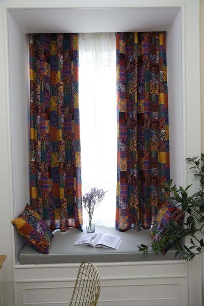 Bohemian retro style cotton linen curtains with a vibrant geometric patchwork pattern, one tied back with a rope. - Image 13