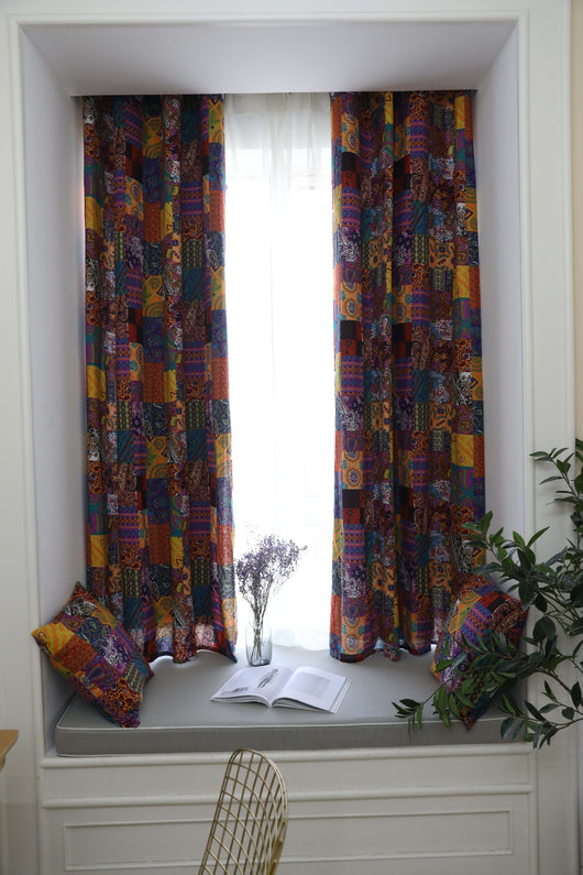 Bohemian retro style cotton linen curtains with a vibrant geometric patchwork pattern, one tied back with a rope. - Image 13