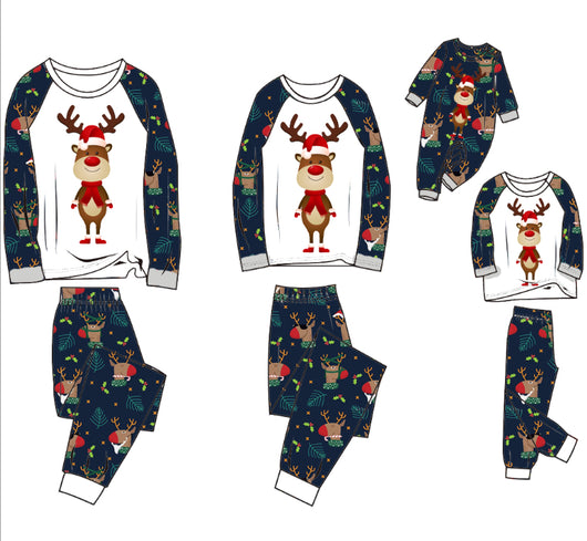 Family Christmas pajamas with a cartoon reindeer wearing a Santa hat and red scarf on a black top, and dark blue pants with a repeating reindeer and holly patte - Image 7