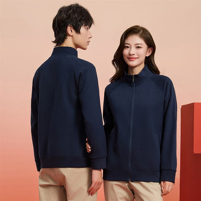 Purple full-zip jacket with a stand-up collar, raglan sleeves, and front pockets, displayed on a hanger. - Image 14