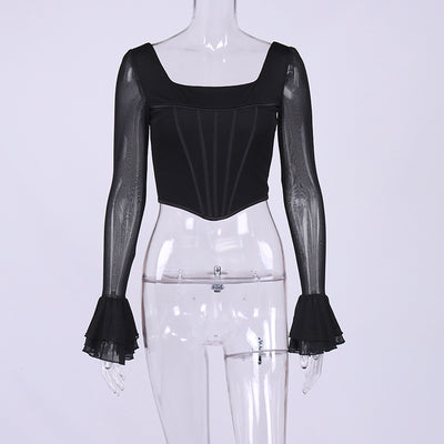 Blusa Crop Top Cuello Cuadrado con Mangas Acampanadas y Malla Efecto Espina de Pescado - Image 15