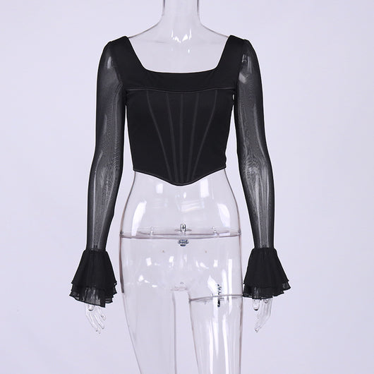 Blusa Crop Top Cuello Cuadrado con Mangas Acampanadas y Malla Efecto Espina de Pescado - Image 15