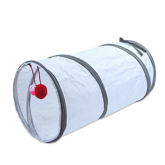 White cat tunnel with dark grey trim, featuring a red and pink hanging toy, measuring 25cm by 50cm. - Image 17