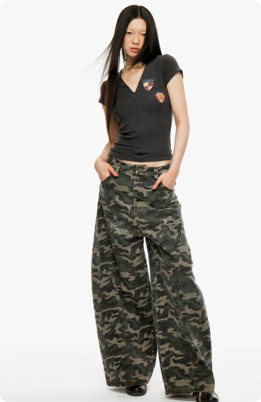 Jeans Camouflage Retro Americano para Mujer con Diamantes Termofijados - Image 4