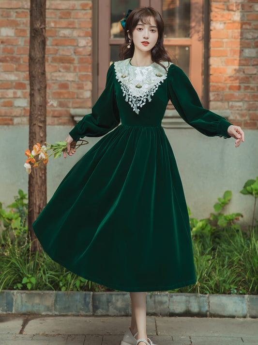 Vestido Vintage de Terciopelo Liso para Mujer
