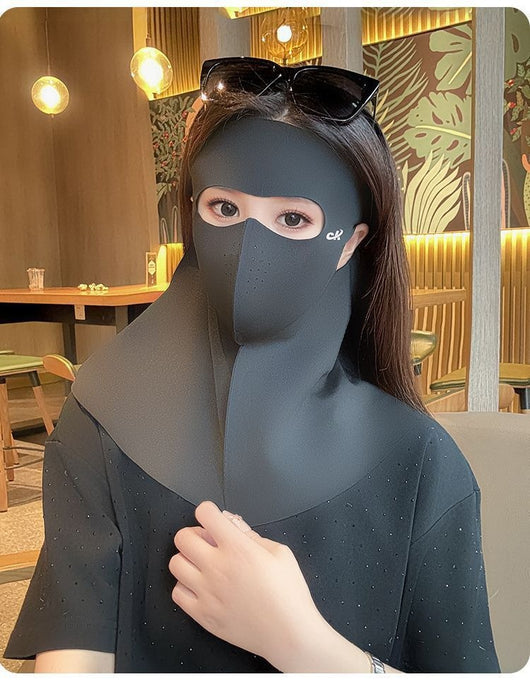 Light gray ice silk full face sun protection mask with neck coverage and ear hooks, offering UPF 50+ UV protection. - Image 9