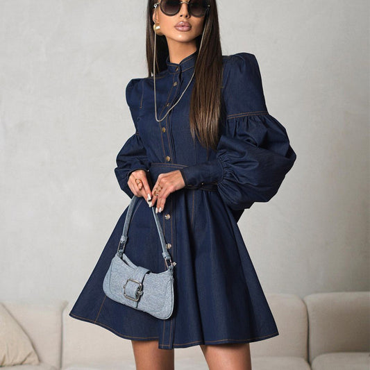 Vestido Camisero Denim con Mangas Farol y Cordones
