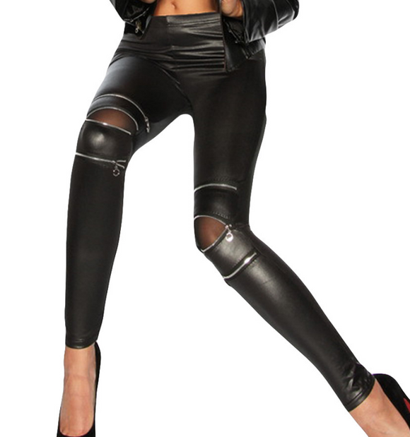 Leggings de Cuero Activos con Recortes Huecos y Cremalleras Altas para Mujer