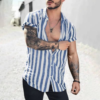 Camisa Cardigan de Lino con Rayas y Solapa para Hombre - Image 7