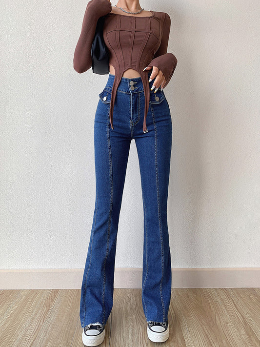 Jeans Slim Retro Americano con Doble Botón y Bolsillos