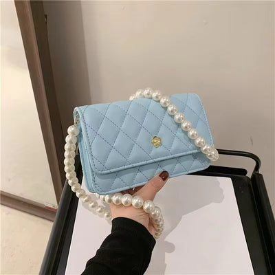 Bolso Bandolera Mujer con Cadena de Perlas y Cuadrícula de Diamantes - Image 11