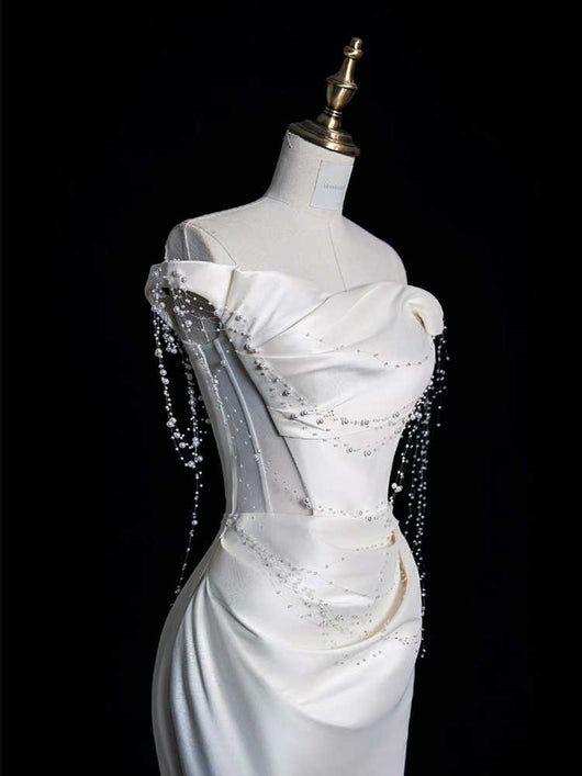 Vestido de Fiesta Satinado Hombros Descubiertos con Perlas - Image 6