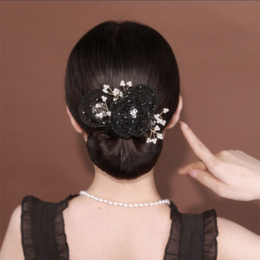Peineta Elegante Cielo Estrellado con Flores - Moño Alto Exquisito Negro