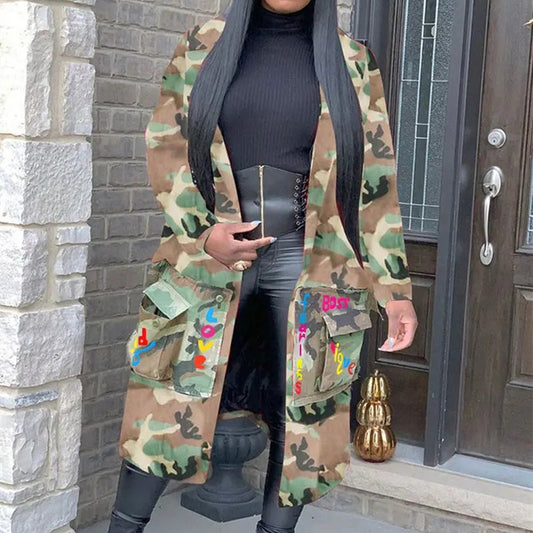 Abrigo Casual con Estampado Camuflaje y Parches - Estilo Europeo y Americano para Mujer