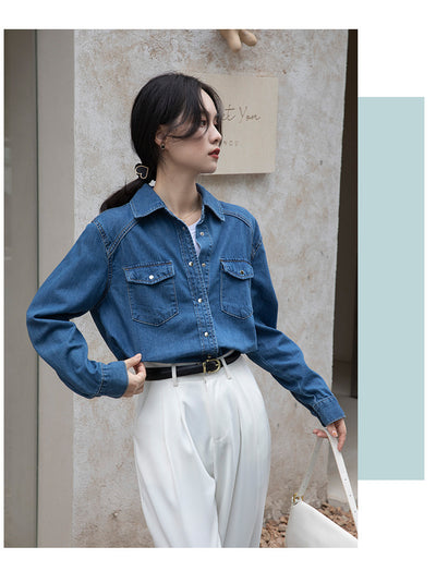 Camisa Denim Retro Azul - Prenda Versátil de Manga Larga - Image 20
