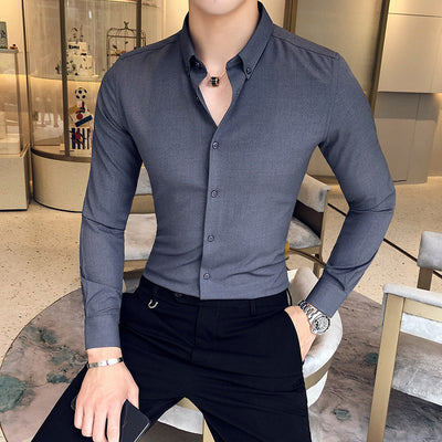 Camisa Manga Larga Estilo Gentleman Británico de Color Sólido - Image 8