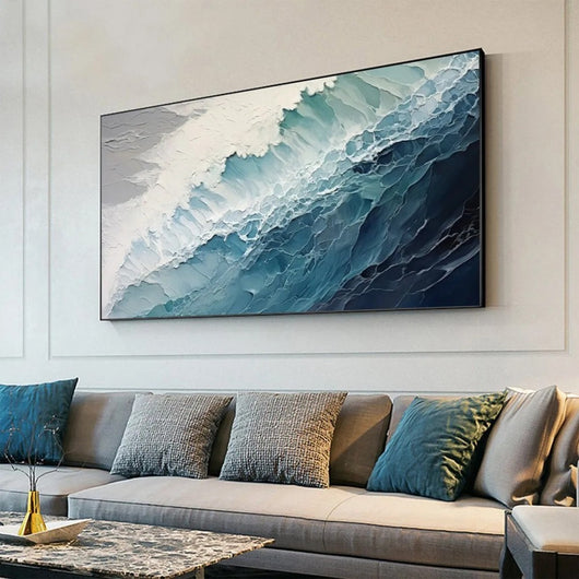 Cuadro Óleo Abstracto Grandes Dimensiones Olas Océano Azul y Blanco Texturizado para Sala - Image 9