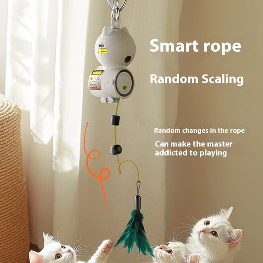 White retractable cat toy with a teal feather attachment hanging from a silver hook, designed for pet play. - Image 2