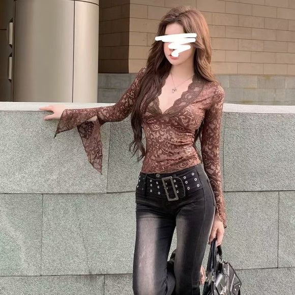 Blusa Retro de Encaje Semitransparente con Parches de Manga Larga