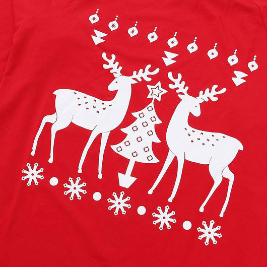 Red long-sleeve Christmas pajama set with white reindeer and Christmas tree patterns, featuring a crew neck top and patterned pants. - Image 8