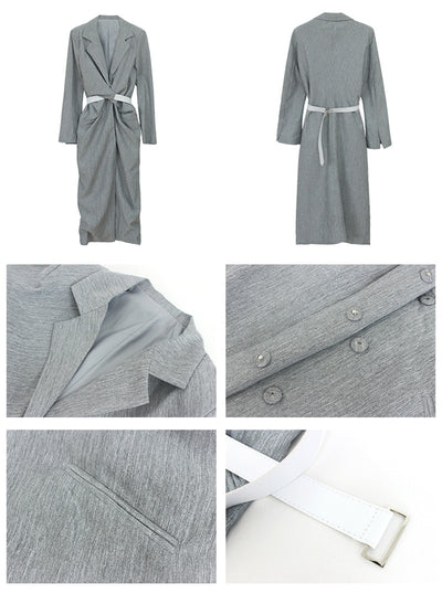 Vestido Gris Coreano Cuello V Cintura Marcada Largo Medio - Image 4