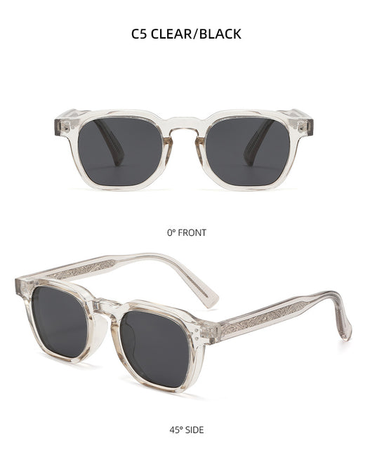 Black square frame sunglasses with dark lenses and small silver accents on the front, shown at an angle. - Image 20